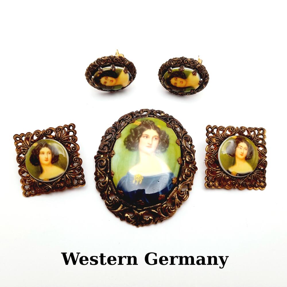 West Germany Vintage Brooch Earrings Twin Pins Set, Portrait Gold Tone